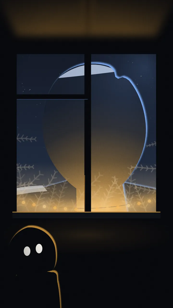 The faceless head fills your window, lit from below by the garland.